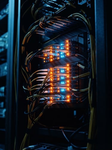Macro close-up of high-density fiber optic terminations glowing with orange and blue LED status lights in a dark server rack aisle, dark industrial photography, 35mm