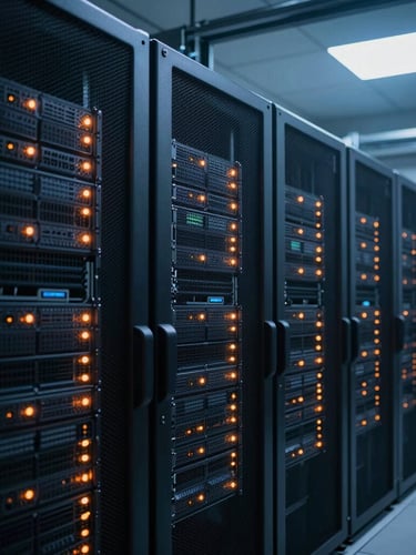 Wide-angle architectural shot of a dark enterprise server hall, rows of server racks with blinking orange status lights, cool blue overhead lighting, clean technical grid, 35mm