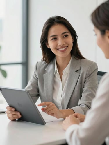 A professional financial advisor sitting in a bright modern office in Brazil, smiling warmly while explaining a digital tablet screen to a client, soft daylight, 35mm lens