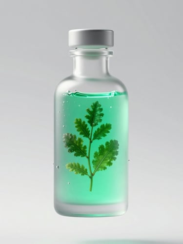 A sleek 3D render of a frosted glass bottle suspended in glowing emerald fluid, high-tech clinical studio lighting, macro framing, clean sharp angles.