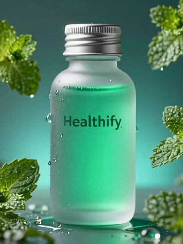 Macro close-up of a premium frosted-glass Healthify bottle with glowing emerald liquid inside, surrounded by floating mint leaves and clean water droplets, clinical-luxe aesthetic, studio lighting, portrait aspect ratio.