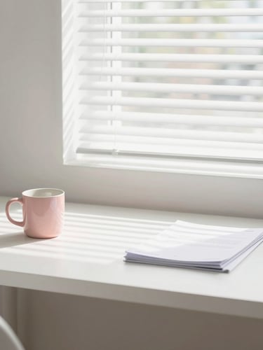 Minimalist Florida workspace with soft morning light filtering through blinds, clean desk with pastel ceramic cup and neat documents, 35mm photography