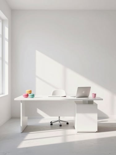 Bright airy minimalist Florida office workspace, soft morning light casting gentle shadows, pastel macaron tones, clean architectural lines, 35mm lens