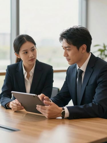 Two professional business partners in a modern corporate meeting room, discussing strategy over a tablet, warm natural lighting, soft focus background, editorial style
