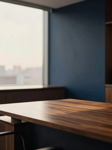 Refined corporate office interior with warm window light reflecting on a polished wooden desk, modern architectural lines, shallow depth of field, 35mm photography