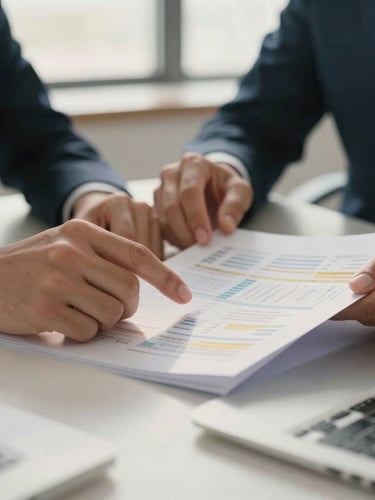 Close-up of hands reviewing physical and digital financial reports on a clean desk, soft natural light, warm professional tones, shallow depth of field