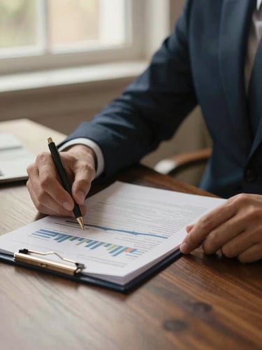 Close-up of elegant hands reviewing financial reports on a dark oak desk, warm window light, deep navy tones, premium corporate style, 35mm