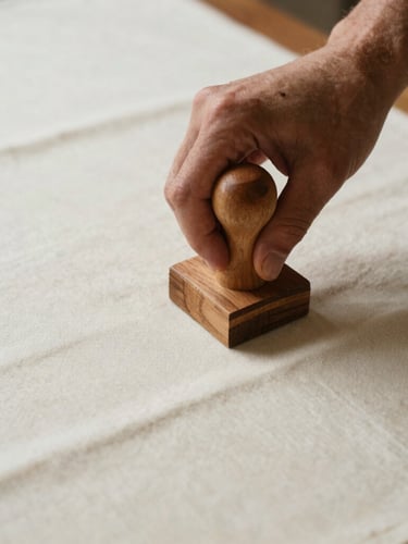 An artisan carefully pressing a hand-carved wooden block onto a long stretch of cream-colored cotton fabric, soft natural morning light, shallow depth of field