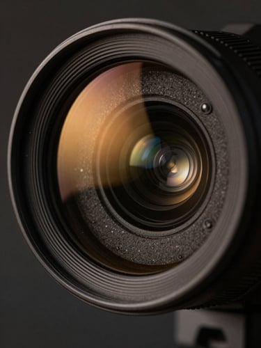 Extreme close-up of a high-end tactical security camera lens, sharp amber reflections on the glass, dark metallic textures, dramatic low-key lighting.
