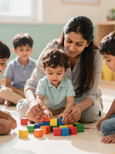 A warm eye-level portrait of a caring Indian teacher guiding a toddler with colorful wooden blocks on a clean, safe classroom floor, bright natural sunlight.