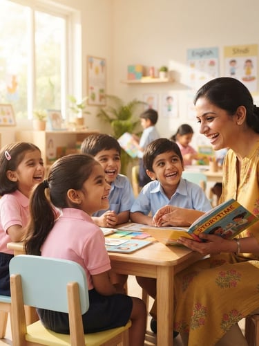 Bright, candid photograph of happy Indian children and a caring Indian teacher interacting joyfully in a modern, sun-drenched classroom, shallow depth of field, 35mm lens, teacher on the right third, children looking at her.