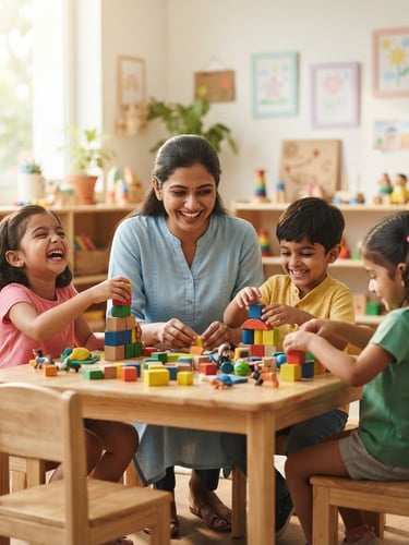 A bright candid photograph of happy Indian children and a smiling teacher engaged in hands-on play in a sun-drenched modern classroom, soft pastel accents, shallow depth of field.