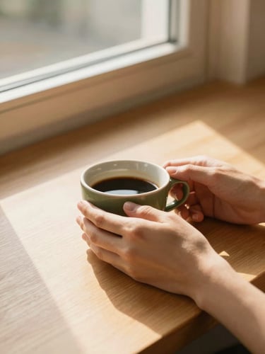 Close-up of hands holding a ceramic cup of coffee on a wooden table, warm morning window light, soft shadow, minimalist aesthetic