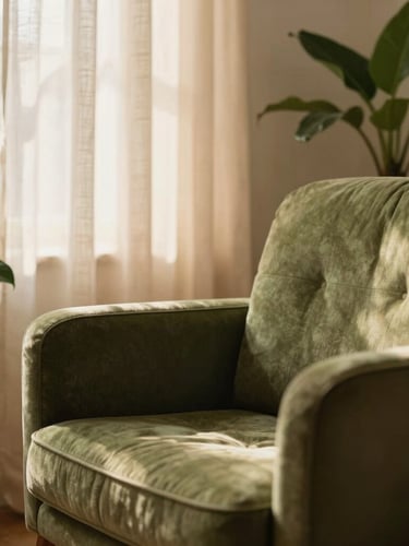 Close-up of a cozy reading corner with a green olive armchair, healthy house plants, warm morning light filtering through linen curtains, editorial photography