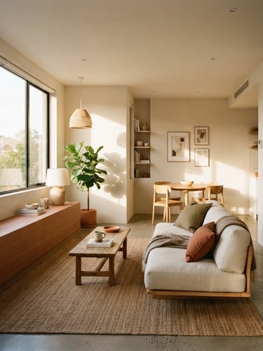 Wide-angle editorial interior shot of a sun-drenched minimalist apartment, warm golden-hour light casting soft shadows, terracotta details, 35mm photography