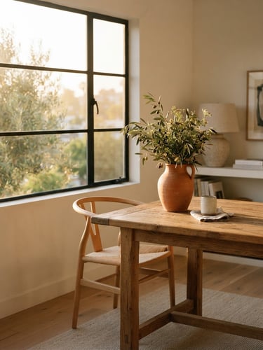 A warm sun-drenched minimalist apartment dining corner, warm golden-hour light streaming through a large window, a single terracotta vase on a wooden table, olive green foliage in the background, high-end editorial interior photography, 35mm