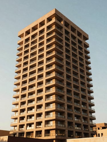 Wide architectural angle of a modern sustainable high-rise in Nairobi during golden hour, warm earth tones, bright natural sunlight, 35mm editorial photography.