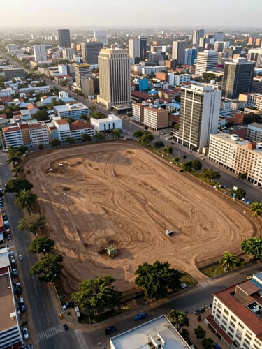 Aerial drone survey of a clean, development-ready land parcel in a modern African urban center, golden hour light, sharp focus