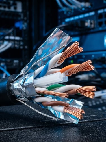 Close-up of high-performance CAT6 FTP network cable showing internal aluminum shielding layers and twisted copper pairs, crisp studio lighting with electric blue accents, technical backdrop