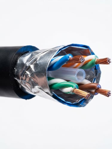 Macro close-up of a black CAT6 FTP cable showing its internal aluminum shielding layer and twisted copper-clad pairs, crisp studio lighting with electric blue rim-lights, clean technical white backdrop