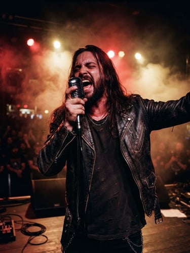 Low-angle dramatic concert shot of Falkon King singing intensely into a vintage microphone, backlit by aggressive crimson red and warm gold stage lights, smoke swirling, 35mm cinematic film style.