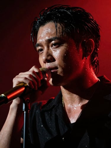 Dramatic close-up of Falkon King performing on stage under intense crimson backlighting, sweat glistening, holding a gold-plated microphone, high-contrast chiaroscuro