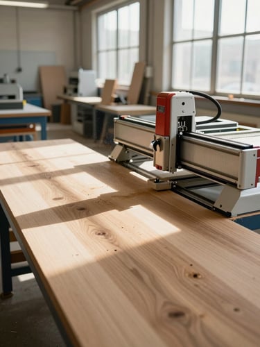 Wide environmental shot of a makerspace shop floor from the left edge, CNC router mid-cut on raw hardwood in the right foreground, sawdust visible in the air, warm north-facing daylight streaming through high windows, steel equipment in the background slightly out of focus