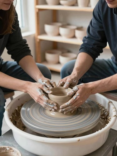 Wide shot of two members at a pottery wheel, one showing the other how to center clay, hands covered in slip, soft north-facing daylight from the left, raw wood shelving with drying pottery visible in the background, neither person looking at camera