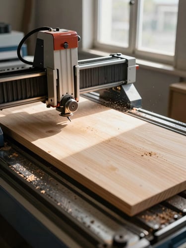 Close overhead shot of a CNC router mid-cut on a pine board, sawdust lifting in the air, natural light from a tall north-facing window casting soft shadows across the machine bed, warm weathered wood grain visible at the edges
