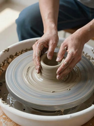Close-up overhead study of a potter's hands centering clay on a wheel, wet clay trails visible on worn wood table edge, soft diffused north-facing daylight from the left, shallow depth of field, no faces, only hands and material in motion