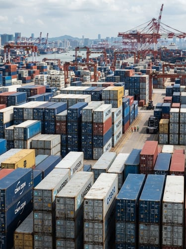 Sharp industrial photography, bright natural daylight, shipping containers stacked at the Port of Shenzhen, 35mm lens.