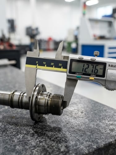 Close-up of digital calipers measuring a precision steel component under bright, neutral factory light, high-contrast industrial photography