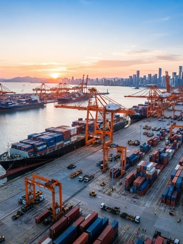 Wide environmental shot of Shenzhen container port at sunrise, massive orange cranes loading cargo ships, bright natural daylight, crisp industrial photography