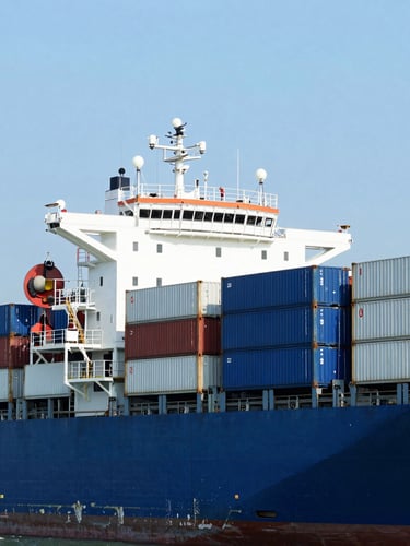 A massive container ship being loaded at the Port of Shenzhen under bright daylight, high-contrast, clean corporate blue tones