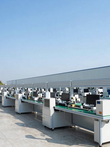 Wide environmental shot of a modern clean industrial electronics assembly line in Shenzhen, bright natural daylight, 35mm lens
