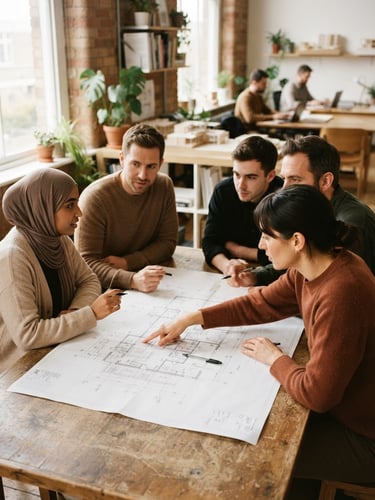 Warm editorial photography of a collaborative workspace, natural window light, team members analyzing a physical blueprint on a table, earthy tones, shallow depth of field, 35mm