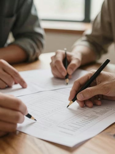 Close-up of hands planning over paper charts on a wooden table, natural warm light, soft focus, professional and collaborative atmosphere, earthy tones