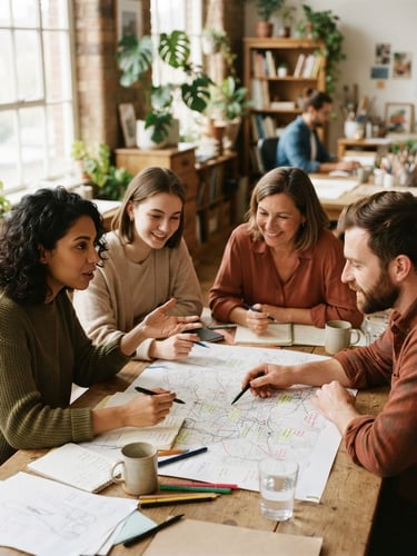 A collaborative workspace with soft natural window light, team members in warm editorial conversation planning on paper, rich earthy tones, shallow depth of field, 35mm