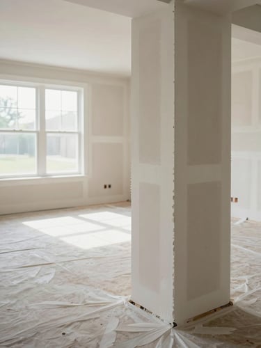Wide environmental shot of a residential living room under renovation on the South Shore, drywall panels freshly taped and mudded, natural daylight from a large window at left, close foreground showing a perfectly feathered joint seam along a corner, no people, clean protection sheets on floor