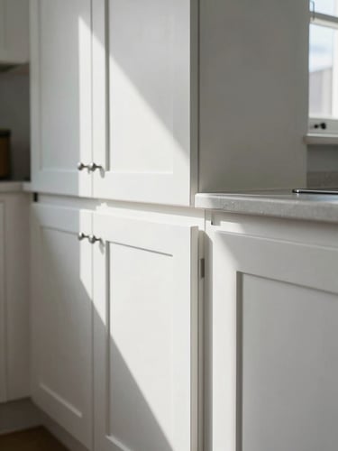 Wide environmental shot of a renovated kitchen on Montreal's South Shore, freshly painted white shaker cabinet doors in sharp focus at left frame, natural north-facing daylight streaming from an unseen window, close-up of crisp painted edge meeting countertop — no people, no staging, unretouched