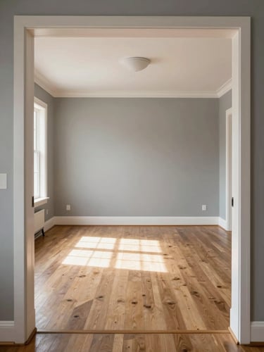 Wide interior room shot, north-facing daylight flooding a freshly painted living room on the South Shore, crisp white trim meeting a warm grey wall, camera framed from the doorway showing the full breadth of the space