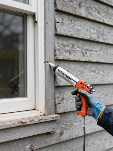 Close-up of a painter's gloved hand pressing a caulking gun into the gap between a window frame and clapboard siding on a South Shore home, natural north-facing daylight, fresh caulk bead visible, weathered original wood contrasting with the new seal