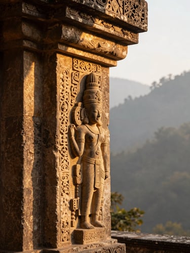 Close-up of intricate ancient stone carvings on a temple pillar, dramatic shaft of golden sunlight piercing the shadows, editorial 35mm photography