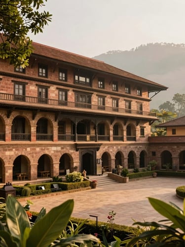 An elegant heritage hotel courtyard in Nepal, warm stone architecture, lush green foliage, soft golden hour sunlight