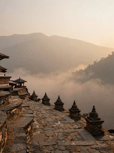 Misty mountain valley in Nepal at sunrise, ancient stone temple steps curving into the morning fog, soft golden hour light, atmospheric travel photography