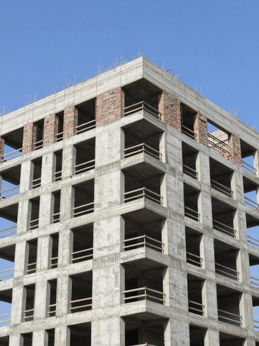 Wide environmental shot of a multi-story residential building undergoing structural concrete repair, professional architectural photography, bright natural daylight, clean blue skies, realistic construction site, sharp focus, 35mm lens