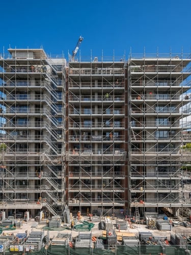 Wide shot of a multi-story residential building undergoing structural renovation, with clearly organized scaffolding, bright natural daylight, clean blue skies, sharp focus, professional architectural photography.