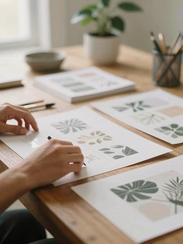 A warm editorial photograph of a beautifully styled creative workspace, hands arranging design layouts on a wooden table, soft Florida daylight, elegant muted tones, shallow depth of field, 35mm film
