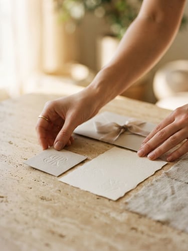 A close-up of hands arranging minimalist branding layouts on a warm limestone table, bathed in soft golden morning light from the side, 35mm film style.