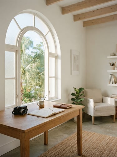 A bright, minimalist creative studio interior in Punta Gorda, soft morning Florida daylight streaming through a large arch window, negative space, 35mm film style